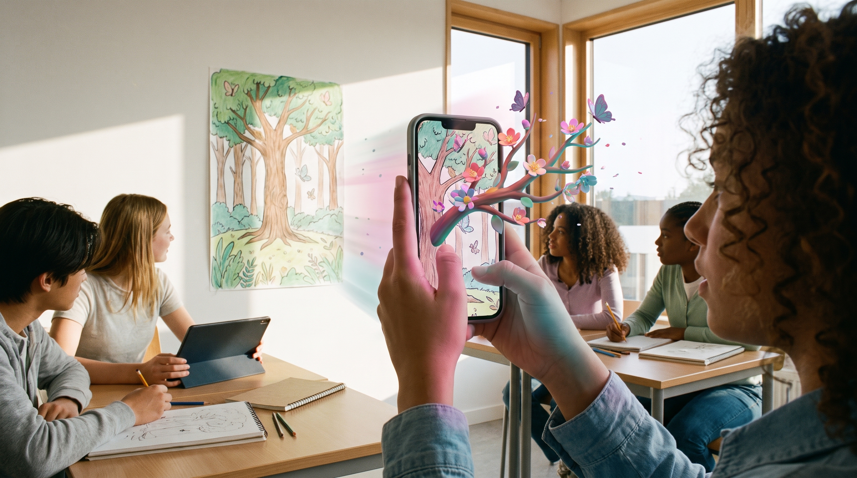A student scans a classroom poster with a phone and an animated AR illustration bursts out of the screen